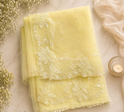 Lemon Pearl Net Saree