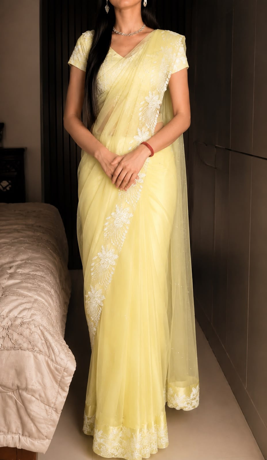 Lemon Pearl Net Saree
