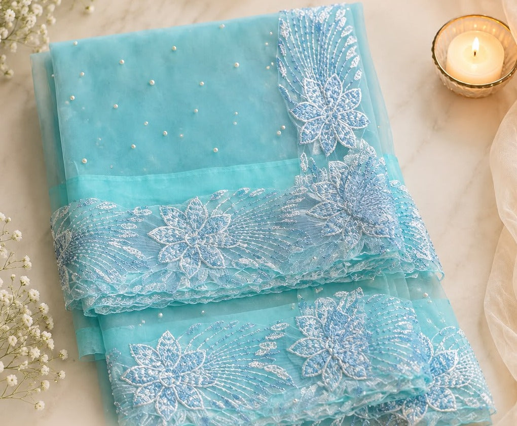 Sky Blue Pearl Net Saree